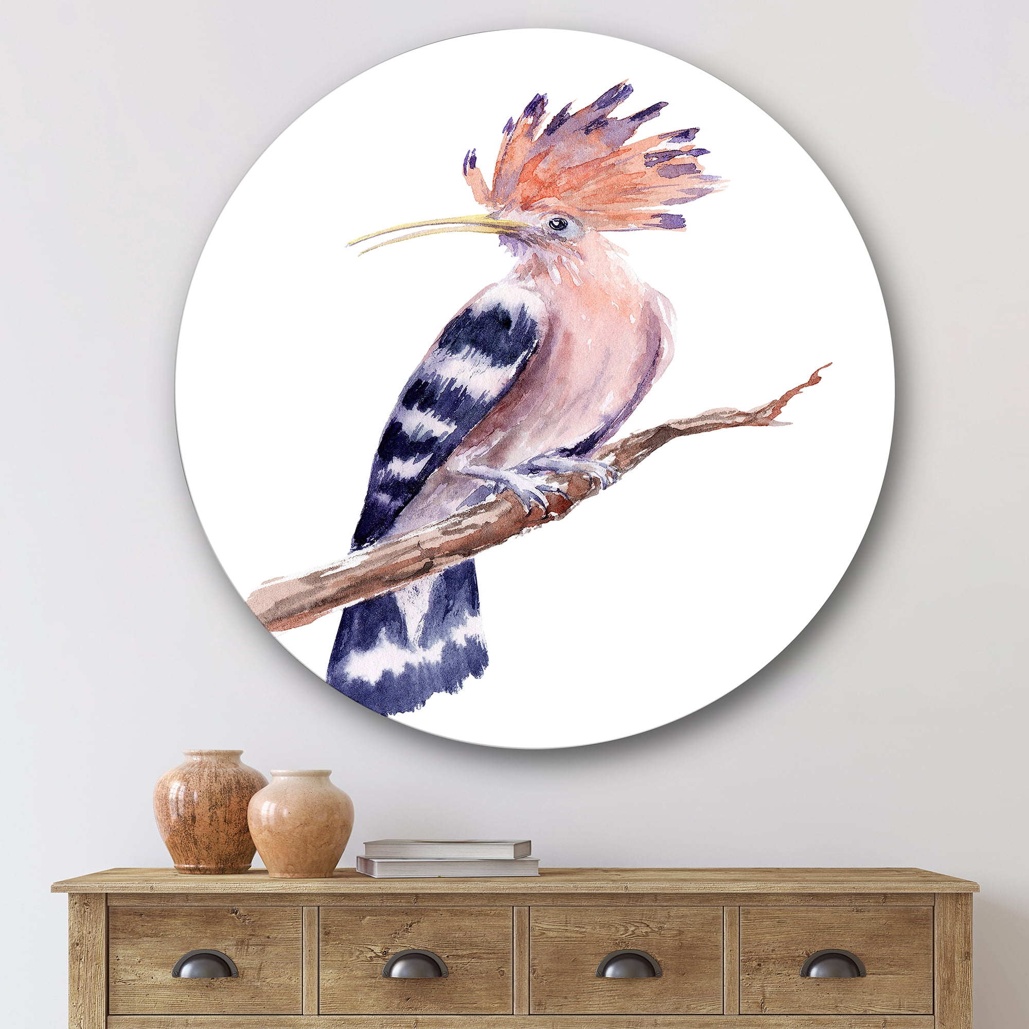 Designart 'Ancient Hoopoe Bird On A Branch' Traditional Circle Metal Wall Art 36x36 - Disc of 36