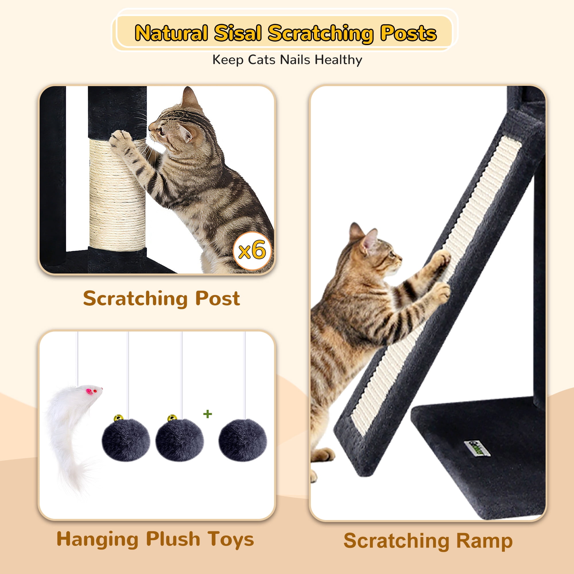 Globlazer 78" Multi-Level Large Cat Tree and Tower Condo for Indoor Cats with Sisal Scratching Posts, Condos, Hammock & Hammock, Dark Gray