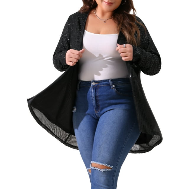 Chaqueta Brillante de Lentejuelas para Mujeres de Talla Grande Agnes Orinda, Abrigo de Manga Larga Abierto 1X Negro