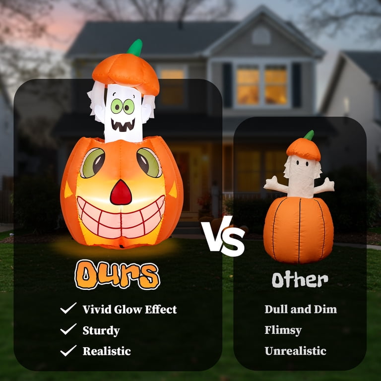 VOCADE Halloween Inflatable Skull Pumpkin Man - 4ft Blow-Up Decor With LED Lights For Yard, Porch, Party