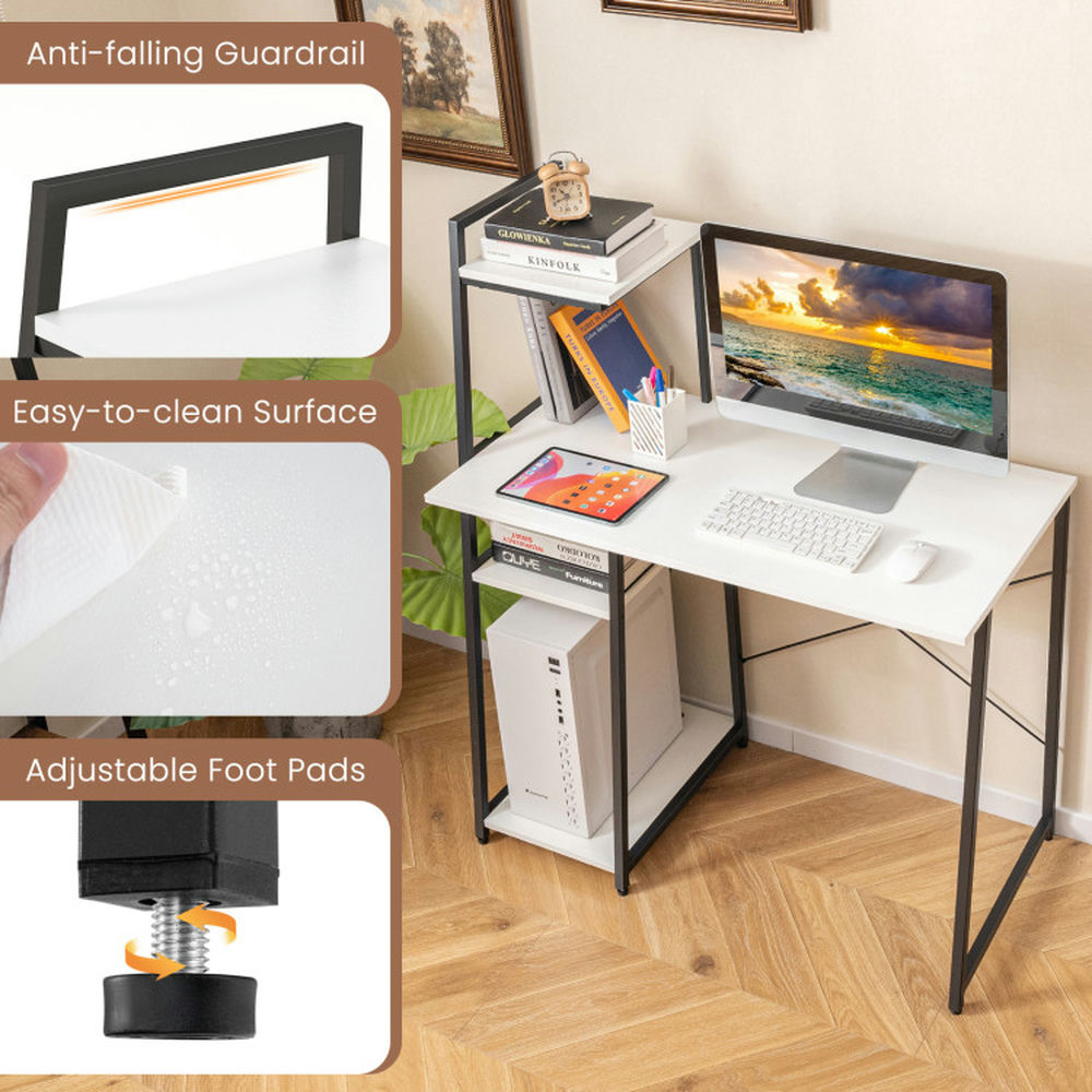 Demi Bonn Compact Computer Desk Workstation with 4 Tier Shelves for Home and Office Desk Study Writing Table, White