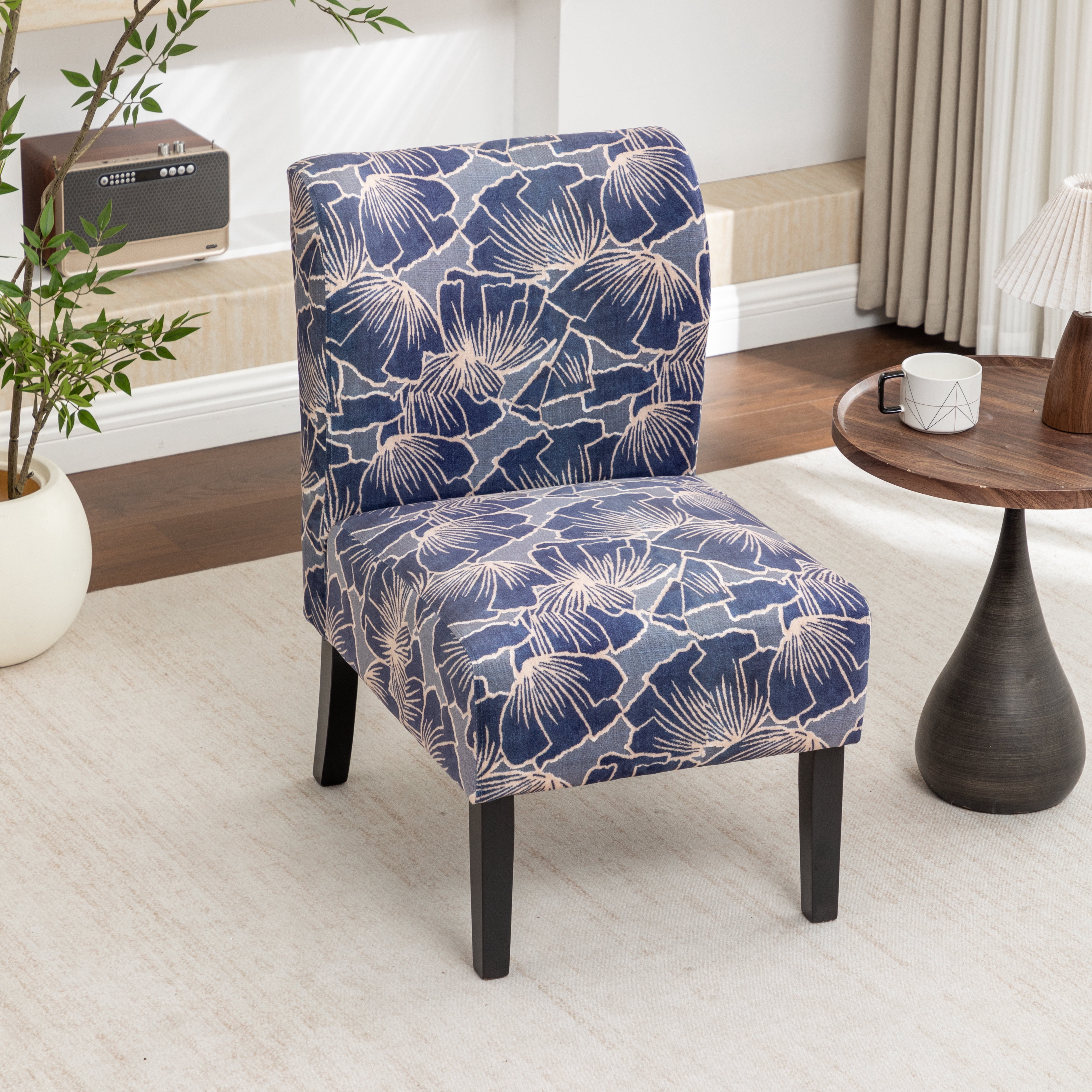 Roundhill Furniture Capa Print Fabric Armless Contemporary Accent Chair, Indigo Botanical Floral