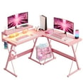 Bestier Pink Computer Desk with LED Light LShaped Desk Gaming Computer Desk with Monitor Stand