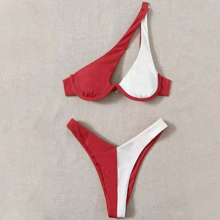 BSDJILFG One Shoulder Swimsuits for Women Color Blocked Bikini Sets Push Up Small Cups Bra and High Waisted Cheeky Underwear Beachwear Swimwear Clearance