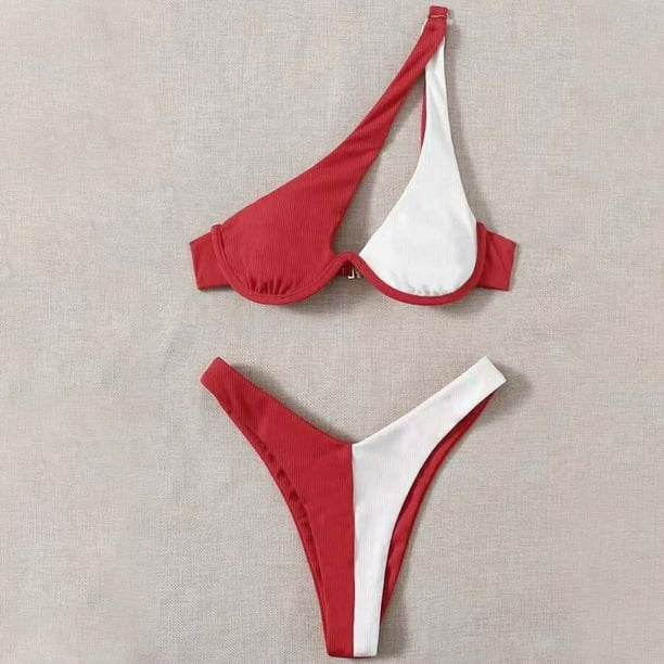 Traje de baño para mujer, bikini de dos piezas con hombros descubiertos y soporte de acero, color liso, trajes de baño para mujer, conjuntos de bikini para mujer, trajes de baño de bikini para mujer