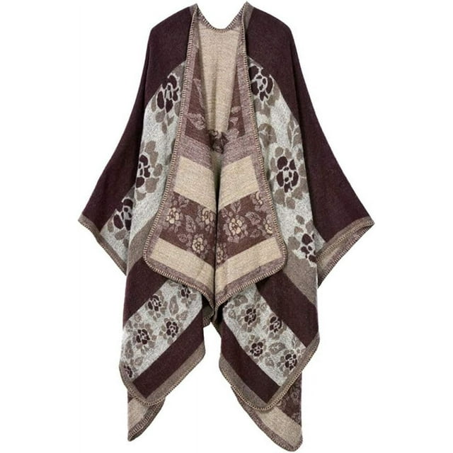 Hweilai Women's Color Block Shawl Wrap Cardigan Plus Size Poncho Cape Open Front Long Winter Coat
