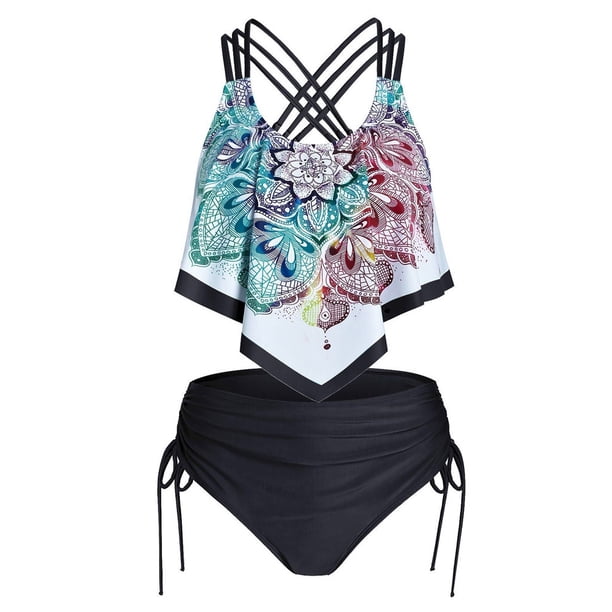 WILLBEST Traje de Baño control Abdomen Mujer Traje de Baño Tankini Entrecruzado con Volantes y Relleno Push-Up con Estampado Boh para Mujer