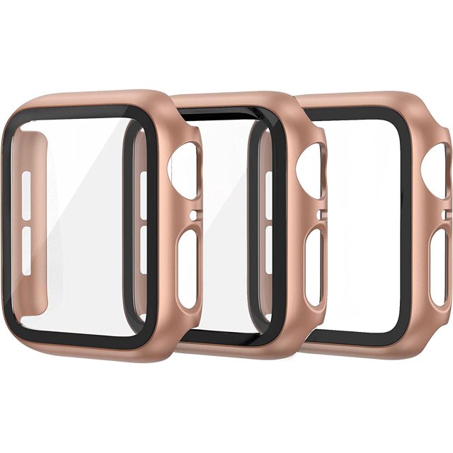 3 Pack Hard PC Case Compatible with Apple Watch Series 6 / SE / 5/4 44mm Women Men, Overall PC Case Slim Tempered Glass Screen Protector Protective Cover for Apple iWatch 44mm SE Rose Gold