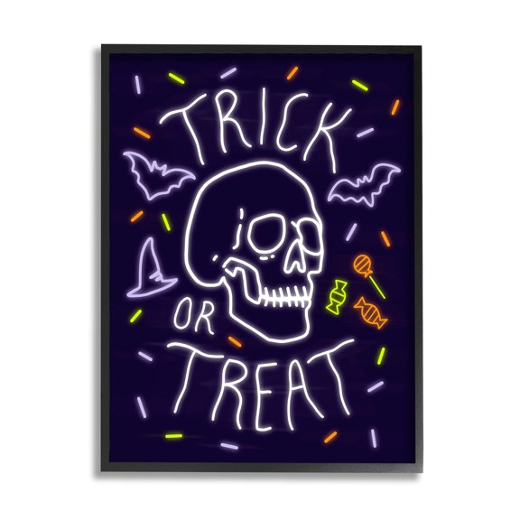 Stupell Industries Trick or Treat Halloween Phrase Spooky Skeleton Black Framed, 24 x 30, Design by Victoria Barnes