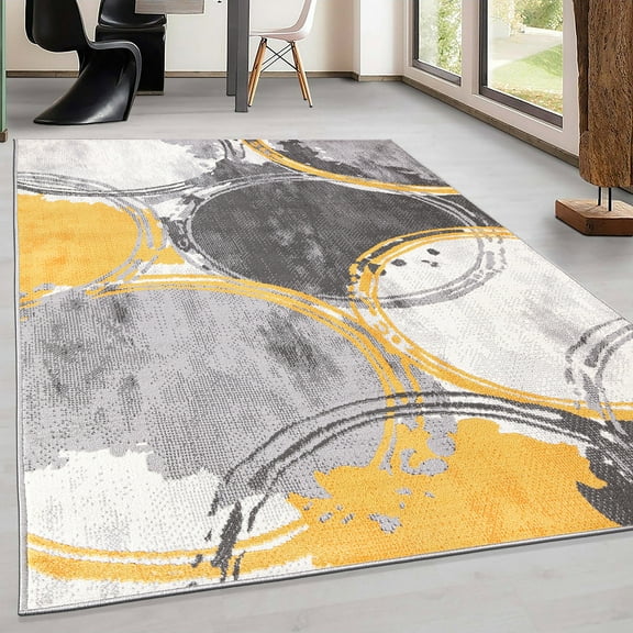World Rug Gallery Contemporary Modern Circles Area Rug - Yellow 5' x 7'