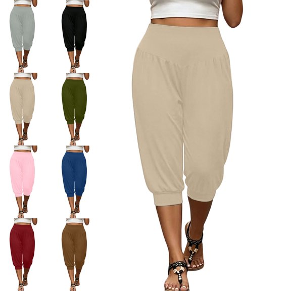 MLCDZ Harem Pants for Women Plus Size High Waisted Elastic Pleated Loose Fit Baggy Yoga Casual Capri Pants Summer Outdoor Sports Golf Cropped Trousers