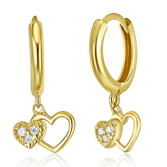 Wellingsale Ladies 14k Yellow Gold Polished CZ Heart Drop Earrings