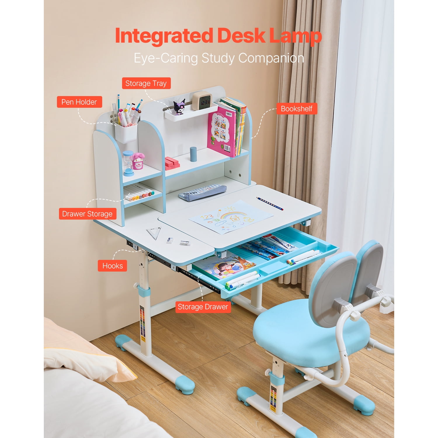 KFFKFF Children's Learning Desk and Chair, Learning Table with Bookcase ,Height Adjustable, 0-40° Tilt Desktop, Learning Station for Study, Bedroom, Blue