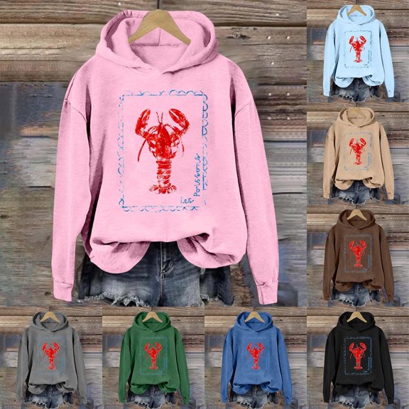 Lobster Sweatshirts Women Oversized Graphic Y2k Crewneck Long Sleeve Drop Shoulder Shirts Top Vintage Jacket Pullover Tops (Black,Large)