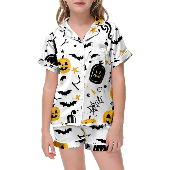 Bigetiay Toddler Boys Halloween Pajamas Set Pumpkin Ghost Print Satin Pjs Short Sleeve Button Down Loungewear with Shorts Set Toddler Girl Clothes Size 2-3 Years