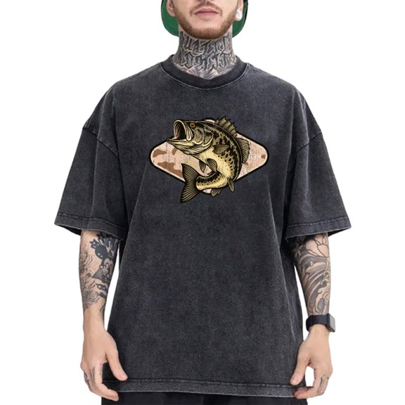 Vintage Tee Washed Fishing Design T Shirt Casual Commuting Tops Comfort Fit Plus Size Black S-2XL