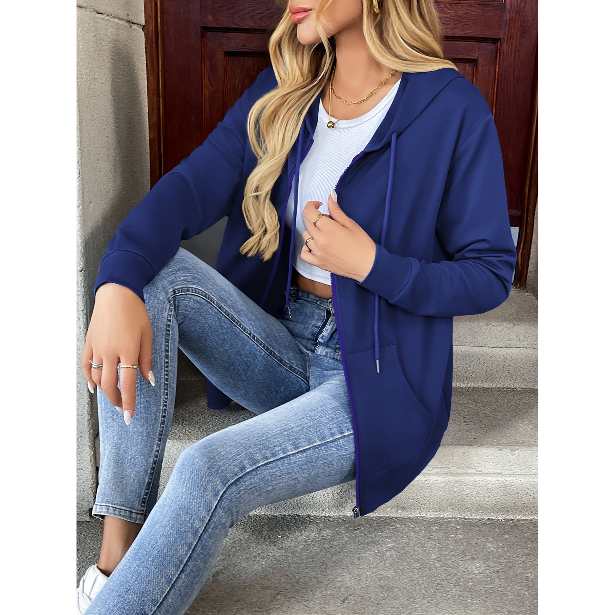 HOWCOME Basic Lightweight Full Zip Hoodie for Women Long Sleeve Thin Cardigan Jacket Drawcord Hooded Sweatshirt with Pockets, Royal Blue Medium