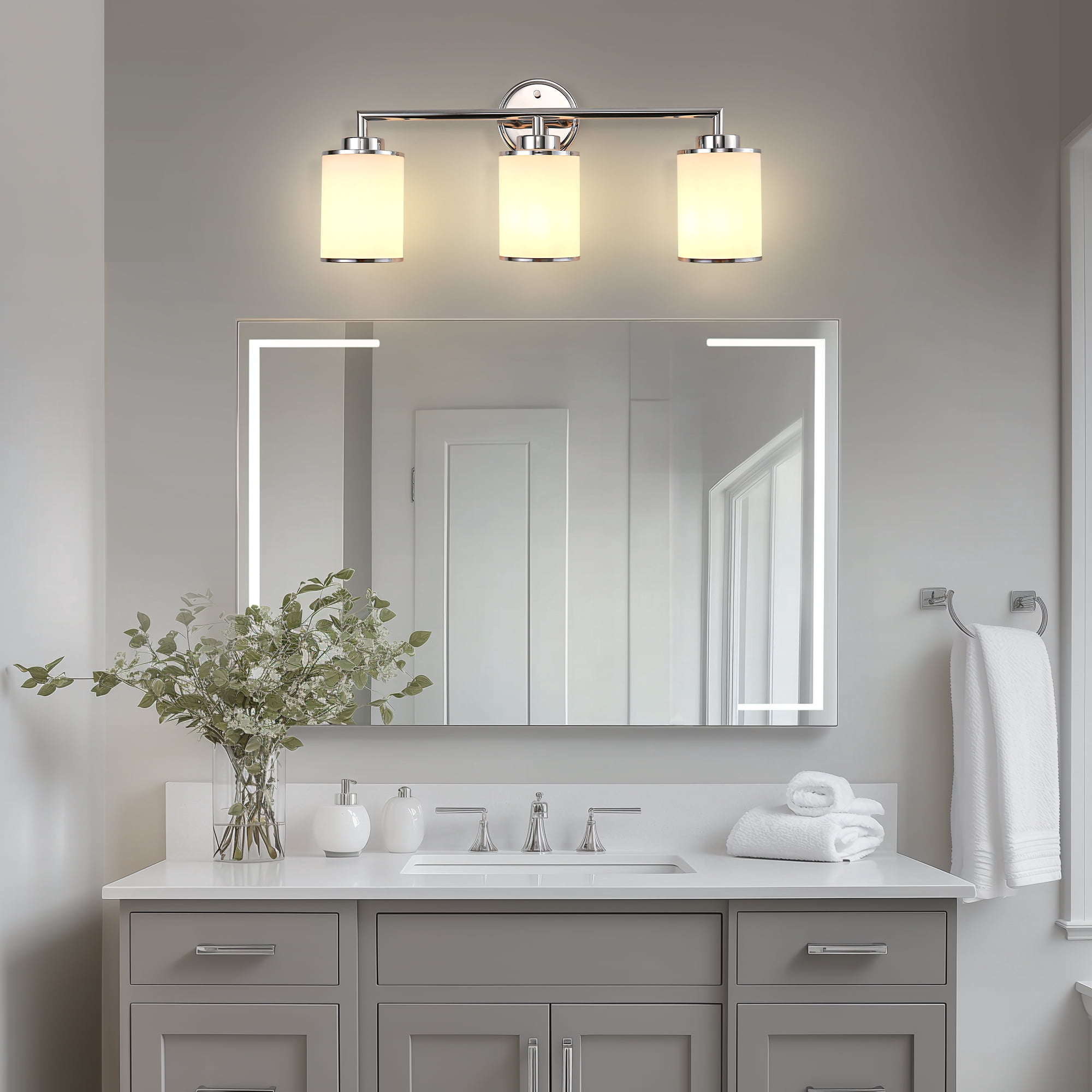 YANSUN 17.4in 3-Light Bathroom Vanity Light Fixture, Modern Chrome Wall Sconce with Glass Shades, E26 Base for Makeup Room Dressing Table Bathroom