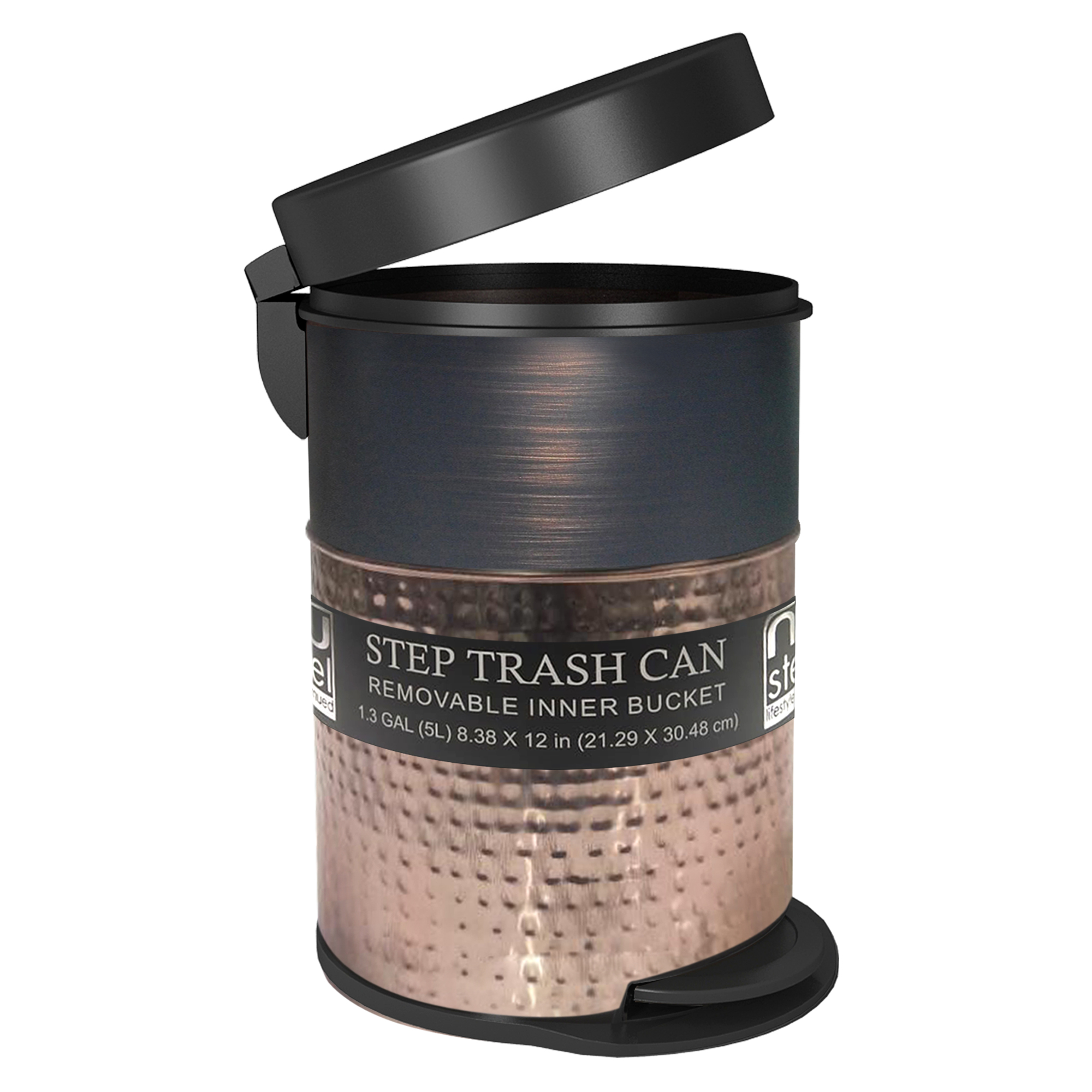 nu steel 5 Liter Round Small Metal Step Trash Can Wastebasket, Garbage Container Bin - for Bathroom, Powder Room, Bedroom, Kitchen, Craft Room, Office - Removable Liner Bucket - Copper/ORB- STP-05