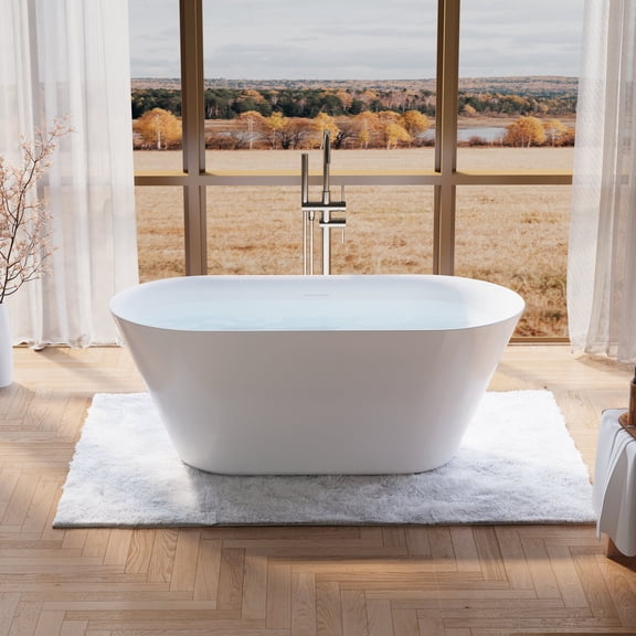 ANGELES HOME 60" Acrylic Freestanding Bathtub Contemporary Soaking Tub with Drain and Integrated Slotted Overflow, Soaking Bathtub with Predrilled Drain Holes