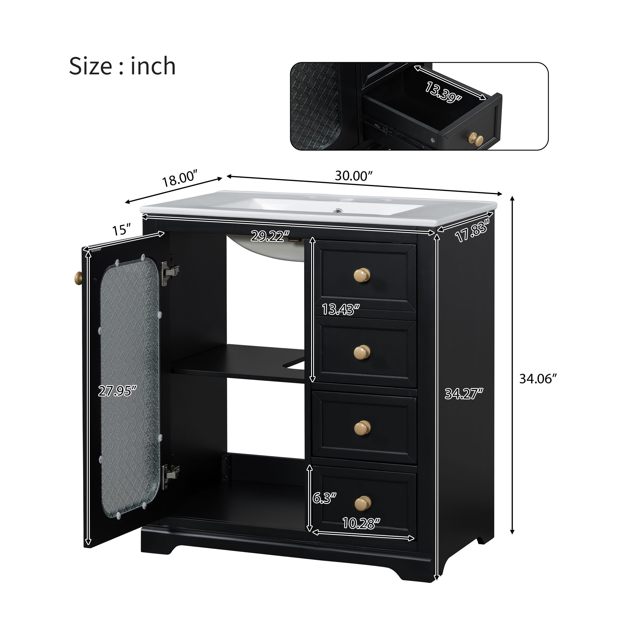 Seranor Modern Bathroom Vanity with Ceramic Sink, Shelves, Drawers, Wood, Black