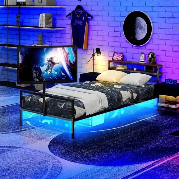 LFGUIZO Twin Size Gaming Black Metal Bed Frame TV Mount & Charge Station in Wood Headboard, LED Lights,with Vented Storage Shelf No Box Spring Needed