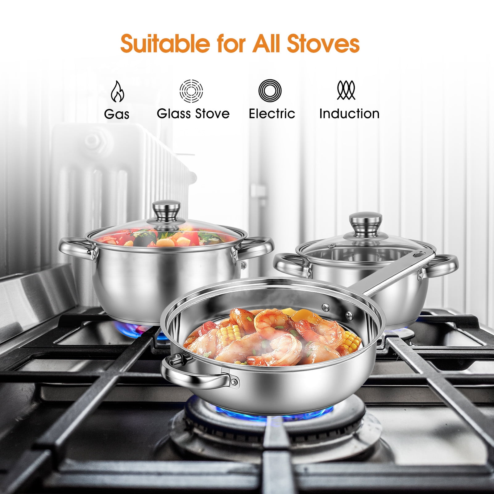 15 PCS Stainless Steel Cookware Set, Pots and Pans Set with Glass Lids, Kitchen Induction Cookware with Utensil Sets For Oven & Dishwasher ,Heavy Premium Kitchen Cooking