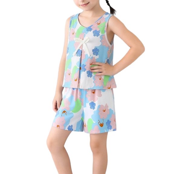 IFNWSV Toddler Girl Outfits Thin Suit Sleeveless Top Shorts Two-piece Set Home Wear Sky Blue 7-8 Years