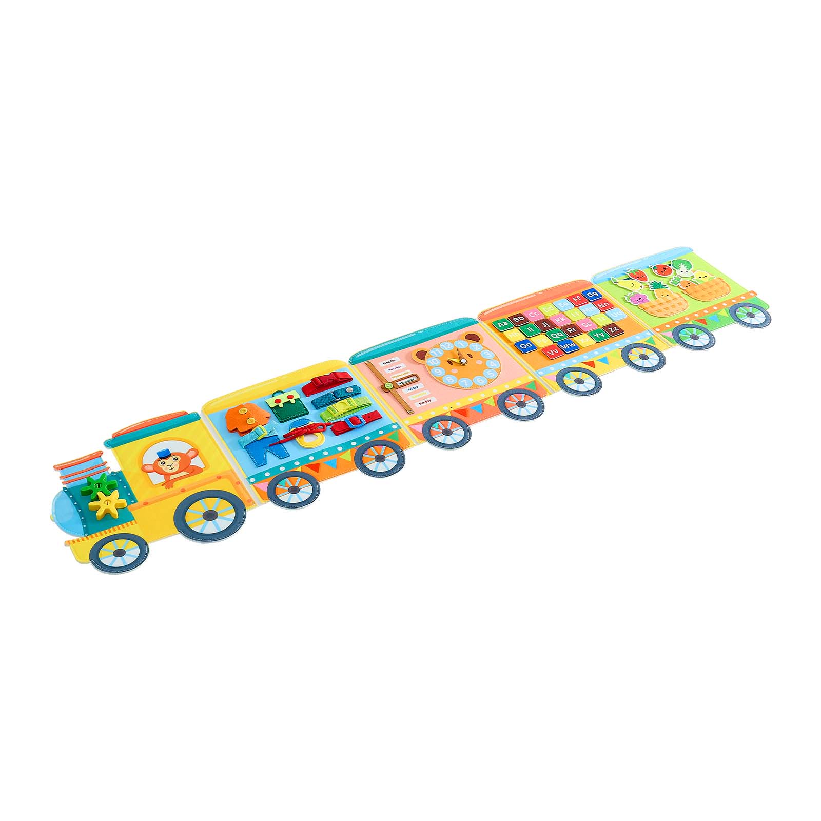 KFFKFF Foldable Felt Wall Busy Board 14-in-1 Montessori Activity Toy for Sensory Learning Ideal for Travel Daycare Classroom Playroom Includes Letters Fruits Vegetables Clock Learning Pieces