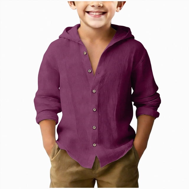 Splozh Chemise Boutonnée Garçon Été Basique Décontractée Manches Longues Chandails Garçon Chemise Boutonnée Garçon Chemise à Col, Violet Foncé, 8-9 Ans