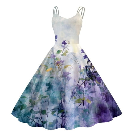 Blphud Womens Shoes Dressy Casual Swing Dresses Vintage Dresses for Women Sleeveless Knee Length Retro A Line Flared Swing Formal Prom Party Dress Long Dress Women Purple L
