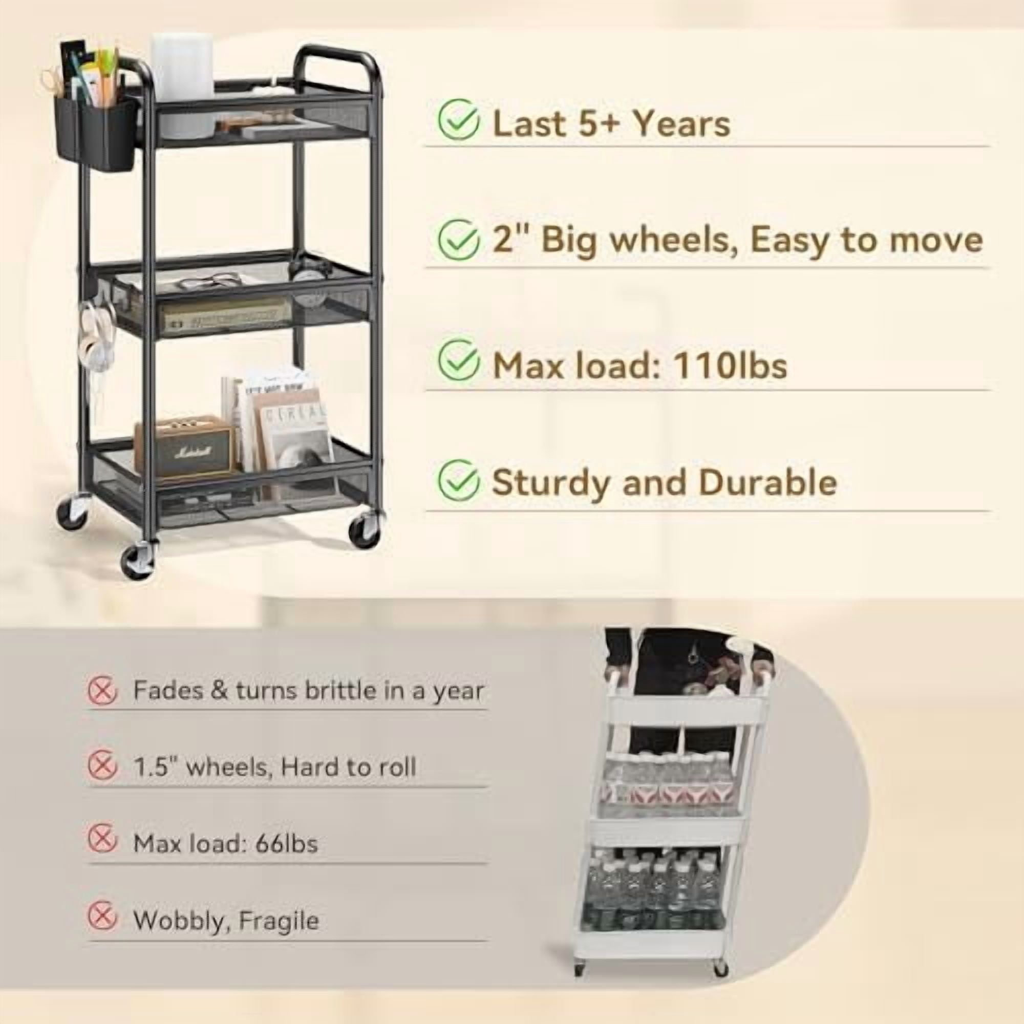 3 Tier Rolling Cart – Metal Utility Storage Carts with Wheels, Craft Cart Organizer with Hanging Cups, Hooks, Mesh Basket for Bedside Kitchen Office Art, Black