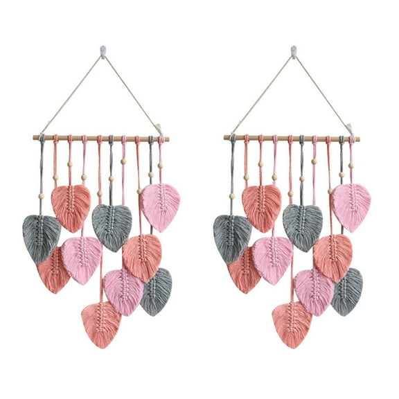 2X Leaf Macrame Wall Hanging Boho Room Home Decor Woven Aesthetic Wall Tapestry Home Room Wedding Decoration Pink
