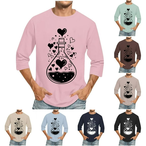 UVEASISHA Valentine's Day T-Shirts for Men Big and Tall 3/4 Sleeve Crewneck Pullover Tops Cute Heart Print Graphic Tees Novelty Holiday Tee Shirts Flash Clearance Sales Khaki 3XL