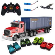 RC Container Transporter Truck, 10WD ABS & Metal Transport Vehicle,Remote Control Large Transportable Carriages with 8 Trolleys,transporter lorry toy with Lights and Sounds Gifts