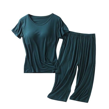 TEVEQ Women Pajama Sets Two-Piece Nightwear Sleepwear Pj Lounge Sets Cup Integrated Home Clothing Short Sleeved Cropped Pants Solid Color Large Size Set Green L