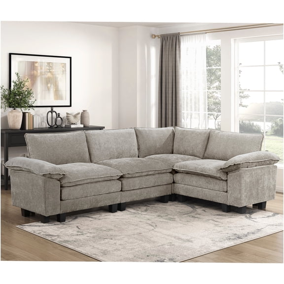 JERFIT Modern 4-Piece Modular Sectional Sofa with Reversible Cushions, Plush Chenille Fabric, Corner Chaise for Living Room, Brown Gray