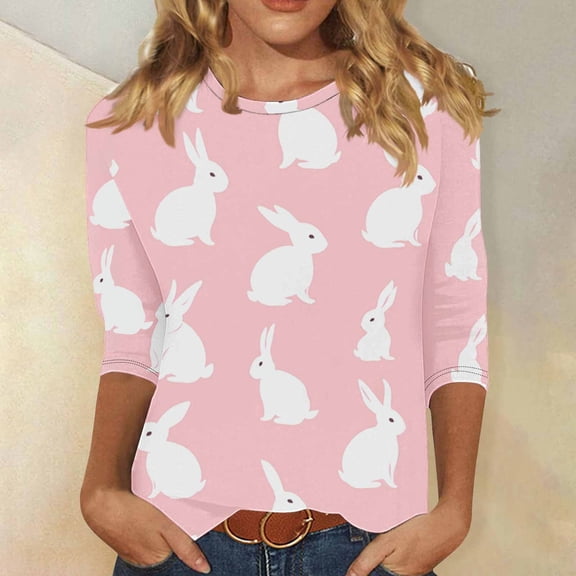 Hueook Shirts for Women Workout Tops Women's 3/4 Sleeve Crew Neck Casual Easter Print Pullover T-Shirt Multicolor L