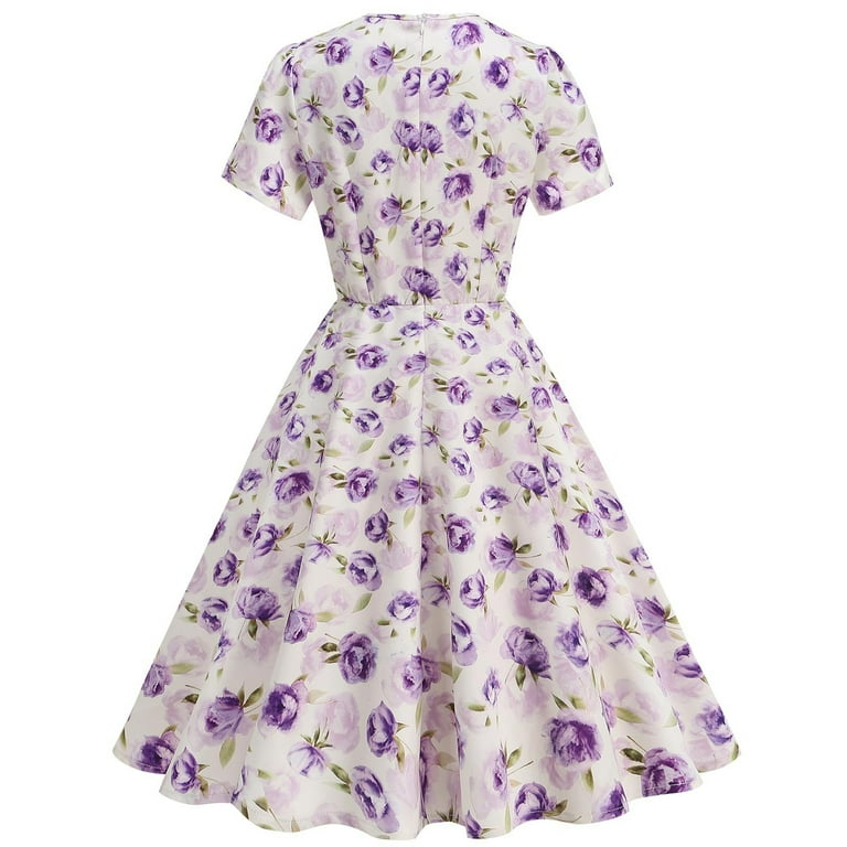 Vintage Floral Midi Dress for Women 1950s Style Short Sleeve A-Line Swing Dress Summer Elegant Fit and Flare Dress Vintage Floral Midi Dress for Women 1950s Style Short Sleeve A-Line Swing Dress Summer Elegant Fit and Flare Dress