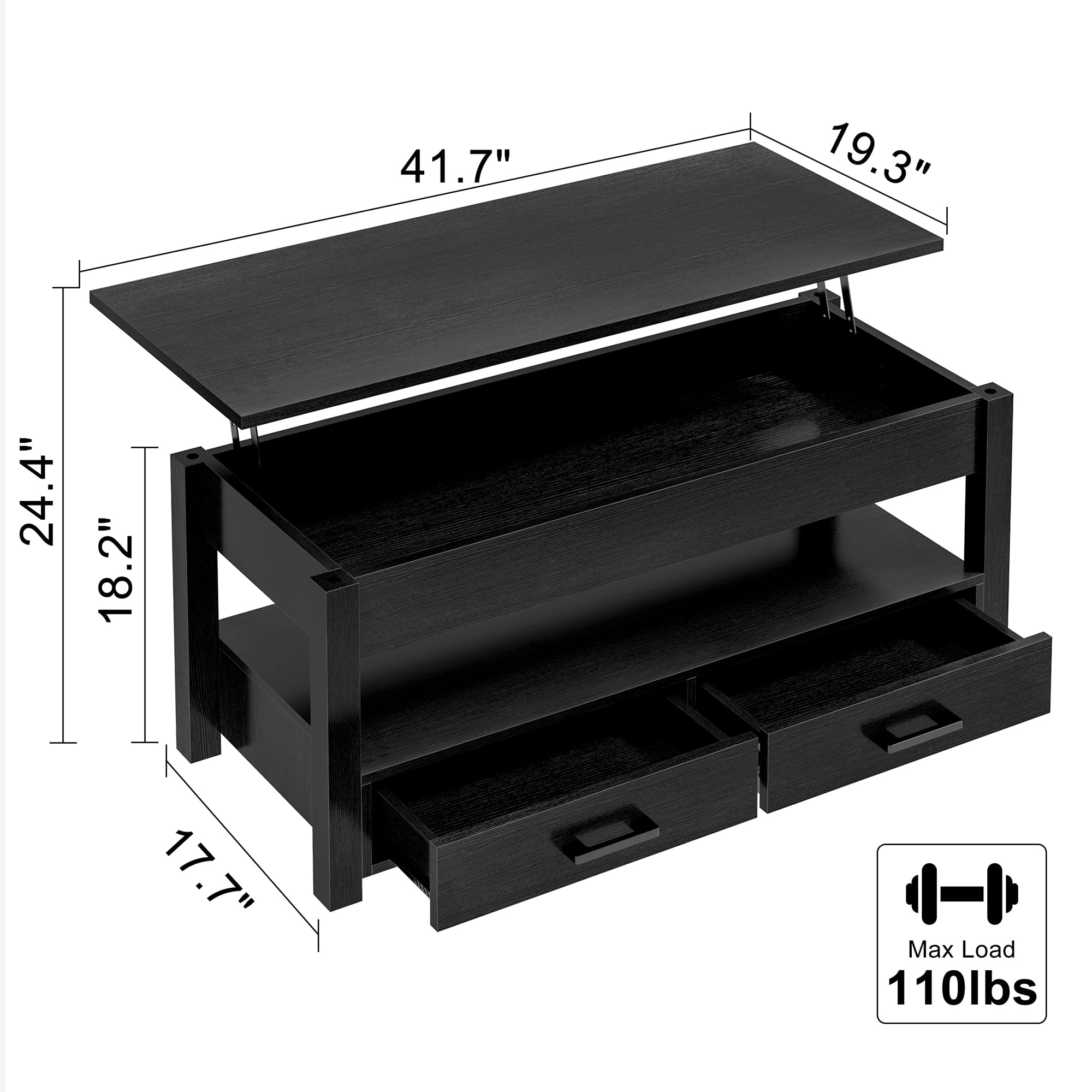 GUNAITO Lift Top Coffee Table with 2 Drawers,Wooden Convertible Coffee Table with Storage for Living Room,Center Table,Black,42"