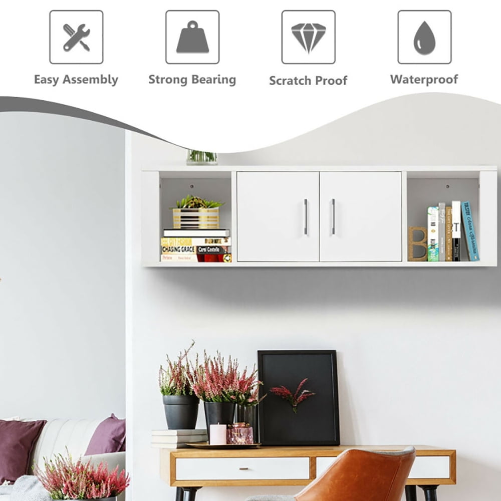 Finihen Floating Shelves, Modern Hanging Shelf for Wall Decor, Wall Mounted Floating 2 Door Desk Hutch Storage Shelves, for Living Room, Bedroom, Kitchen, White