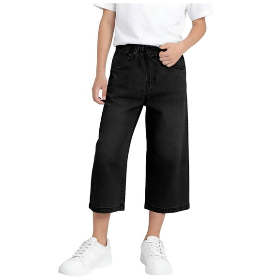 CHEEREAM Boys Capri Baggy Jeans Teens Straight Wide Leg Denim Pants Kids Elastic Waist Loose Fit Trousers Causal Pockets Bottoms