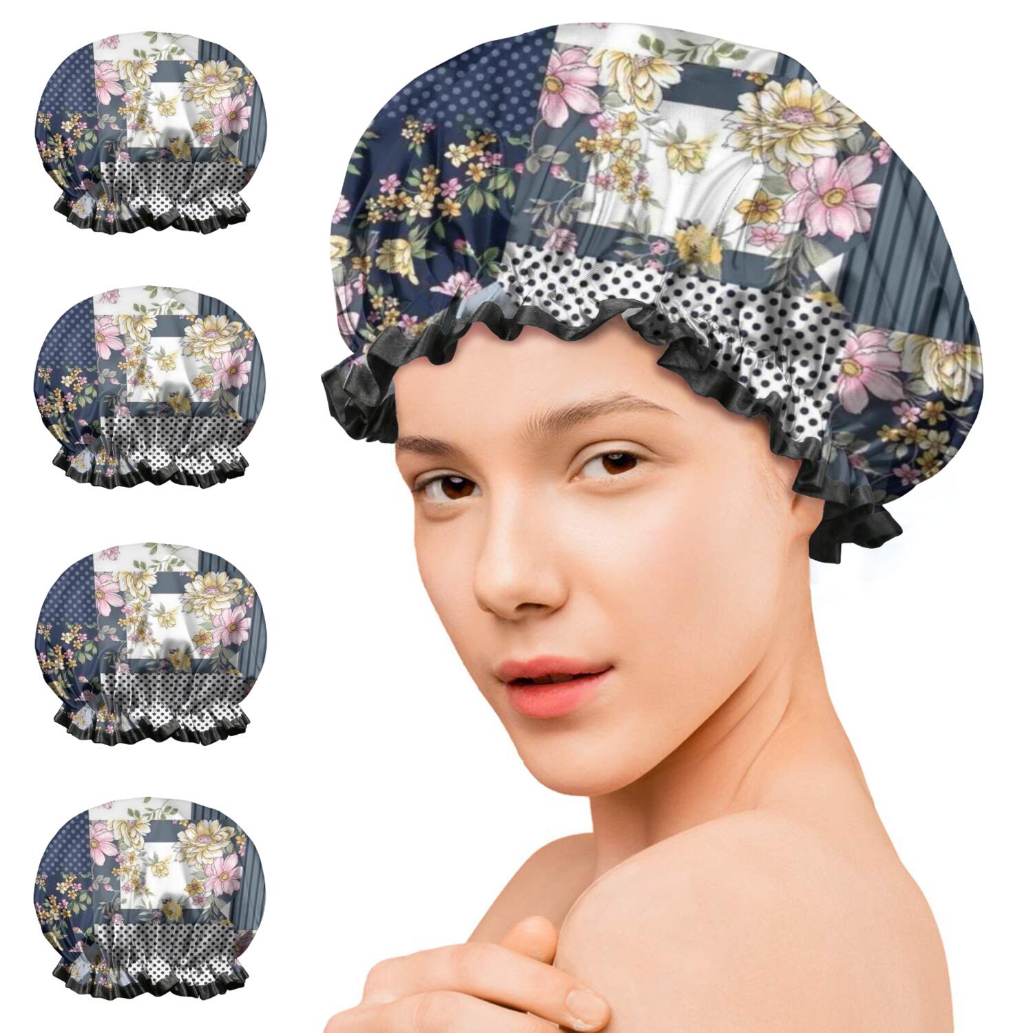 Shower Caps,Pioneer Flower Floral Print Pattern Waterproof Shower Cap for Women 4 Pieces,Double Reusable Hair Cover for Shower PEVA Elastic Stretch Hem