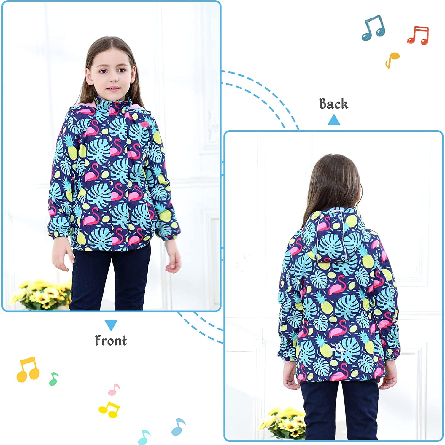 Yeashow Girls Rain Jacket Waterproof Jacket Fleece Lined Hooded Raincoat Floral Printed Children Outdoor Windbreaker Sports Wear Blue