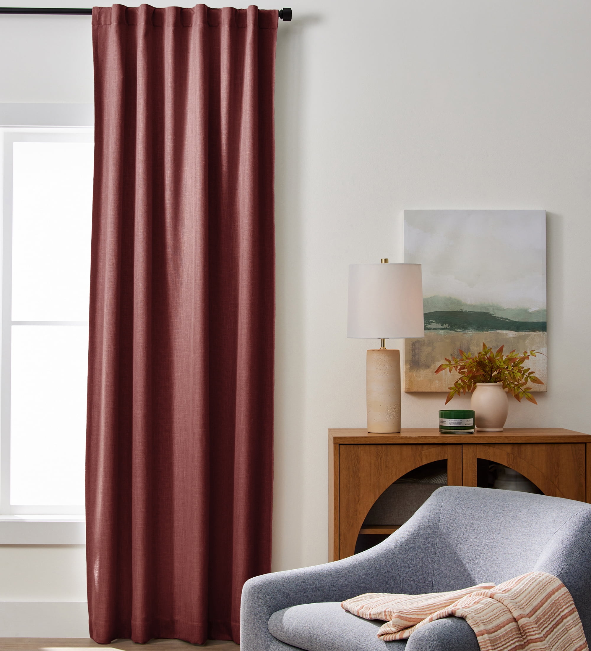 Better Homes & Gardens 100% Blackout Linen Blend Single Curtain, 50x108, Deep Redwood