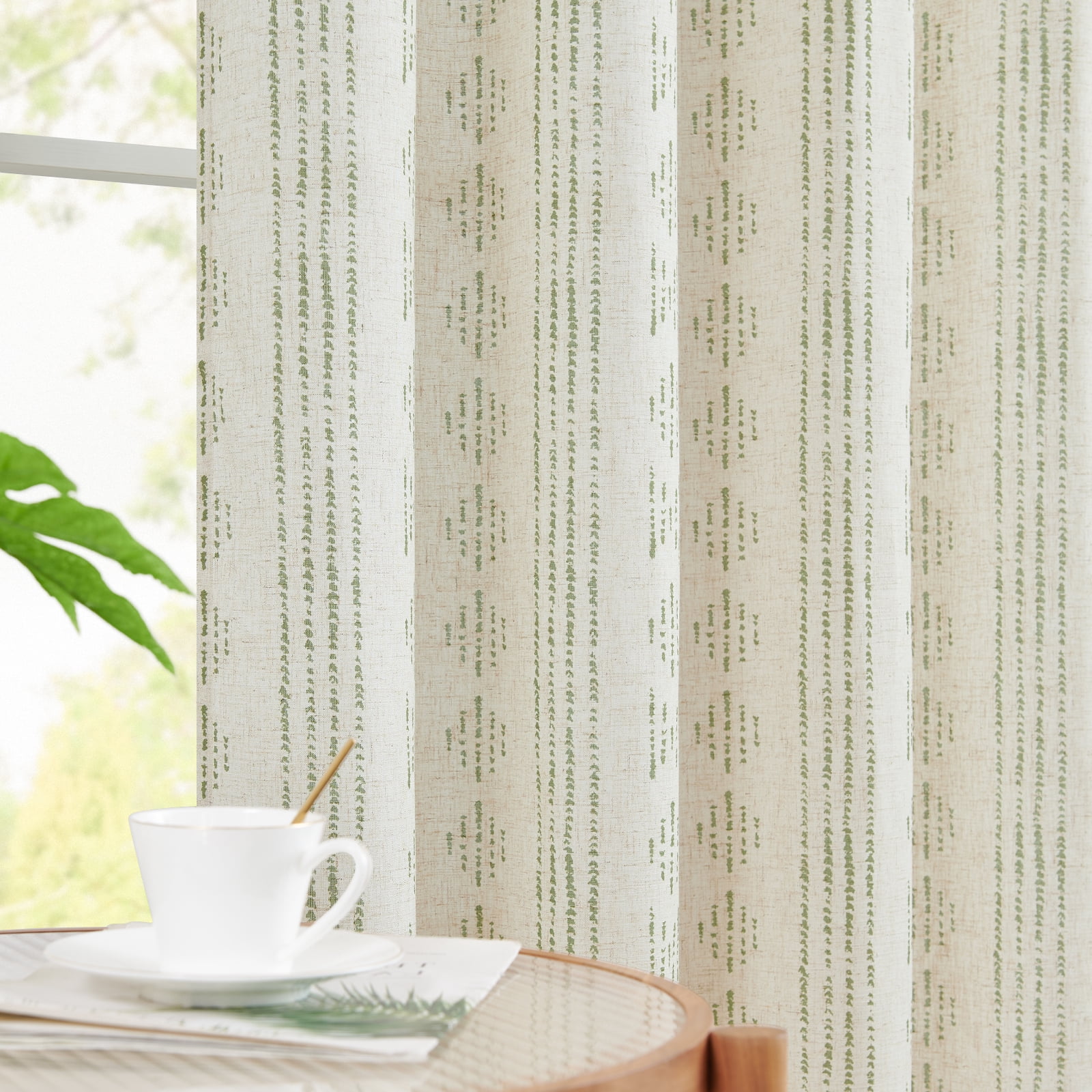 Curtainking Geometric Striped Curtains Linen Blend Boho Farmhouse Grommet Curtains for Living Room 63in Set of 2 Sage Green on Beige