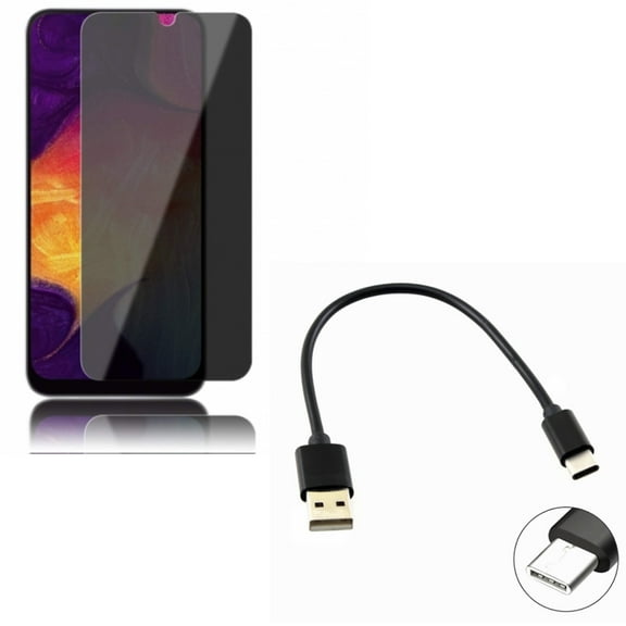 Galaxy A50/A20 Short USB Cable w Tempered Glass Privacy Screen Protector - Type-C Charger Cord, Anti-Spy Anti-Peep 3D Edge for Samsung Galaxy A50/A20