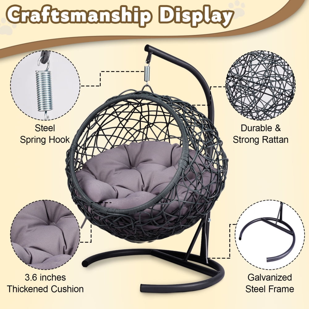 Gray Cat Swing Bed with Stand & Cushion, Rattan Wicker Egg Chair, Indoor Outdoor Hanging Hammock Bed for Cats Dogs Small Animals Bedroom Porch