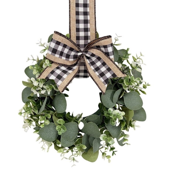 1Pc 10 inch Mini Kitchen Cabinet Wreath, Faux Eucalyptus Greenery Wreath with Buffalo Check Bow, Small Hanging Window Wreath with Strap
