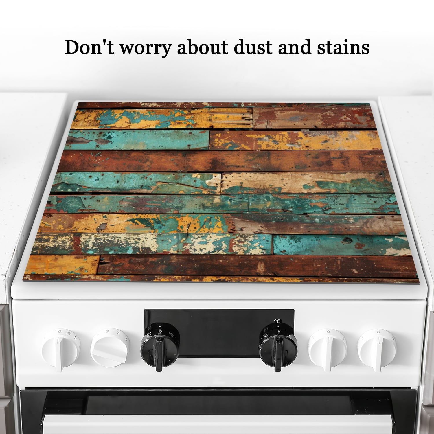 Diatomite Square Stove Top Cover, Rustic Distressed Multicolored Wood Print Waterproof Oilproof Dustproof Glass Oven Covers Mat, Kitchen Decor Pad for Kitchen RV (28×20 Inch)